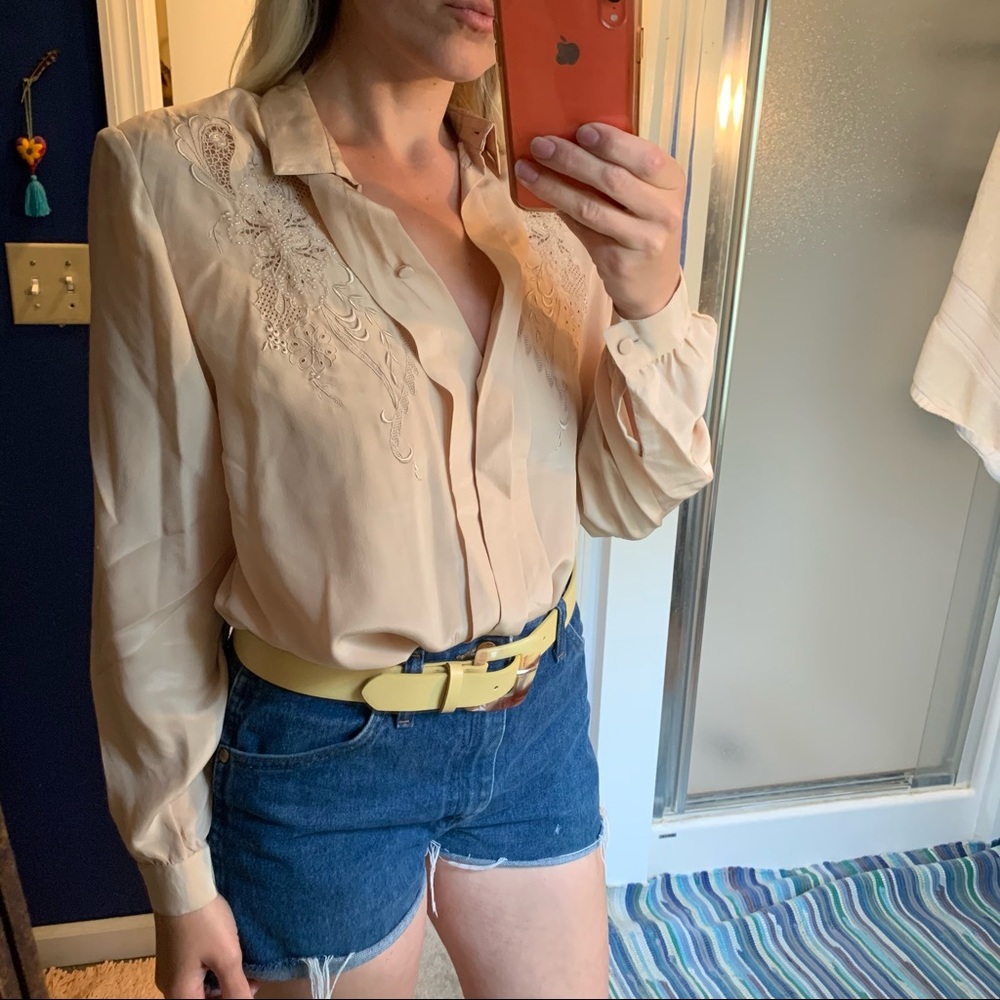 Tracy vintage Silk crepe embroider blouse nude M